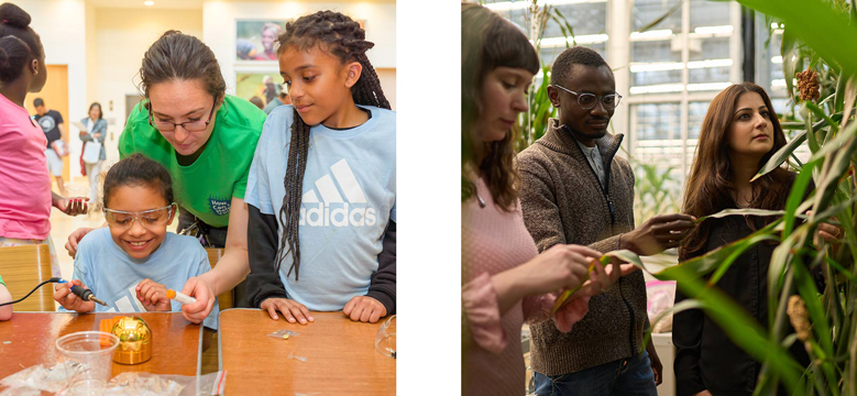 Guests at PlantTech Jam. Nadia Shakoor with lab members in a greenhouse.